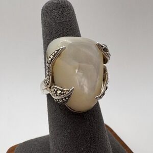 Vintage Sterling Silver 925 Mother Of Pearl Marcasite Large Baroque Ring 6.5
